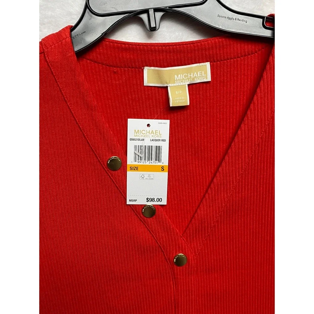 Michael Kors $98 Red Ribbed V-Neck Short Sleeve Button Front Top Sm‎ NWT